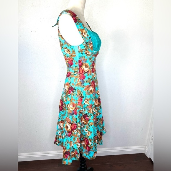 LINDY BOP Ophelia Turquoise Floral Print Swing Dress Midi Fit & Flare Size XS - Picture 4 of 14